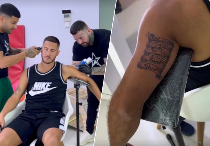 Aparte combo: Eden Hazard krijgt kappersbeurt en laat ondertussen namen van  z'n vijf kinderen op bovenarm tatoeëren | Time-out | hln.be