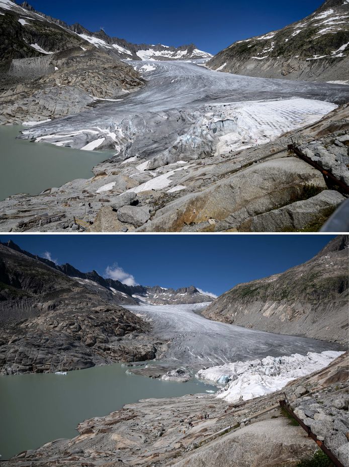 Two photos of the Rhone Glacier, near the Swiss mountain village of Glitch.  The glacier can be seen at the top in 2015, and at the bottom in 2021. The ice has retreated further during that period.