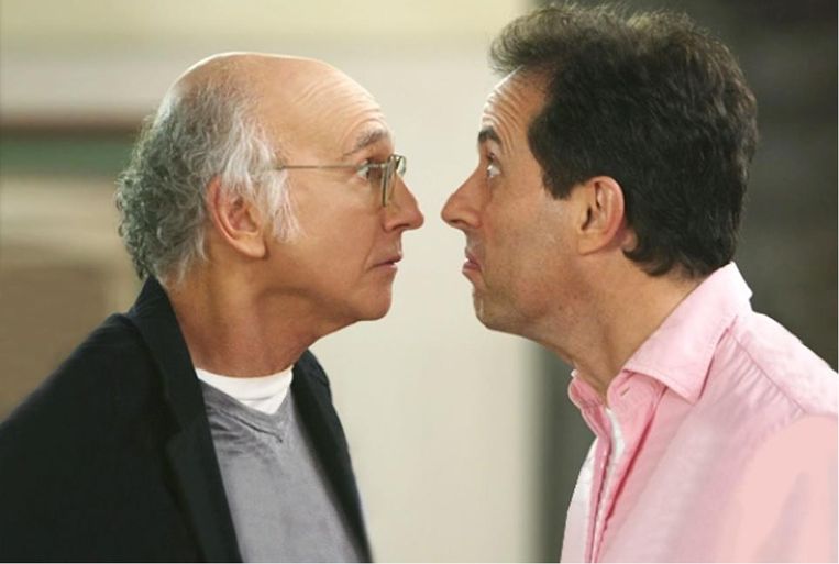 Larry David neus aan neus met Jerry Seinfeld. Beeld 