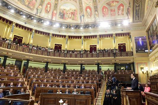 De Spaanse premier Rajoy sprak deze namiddag het parlement in Madrid toe.