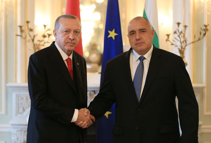 De Turkse president Tayyip Erdogan tijdens een ontmoeting met de Bulgaarse eerste minister Boyko Borissov in Bulgarije.