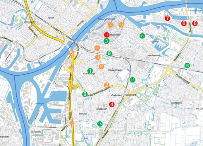 De kruisingen op de rode stippen moeten nog aangepakt worden, bij de gele gebeurt dat dit jaar en de groene locaties zijn al veranderd.