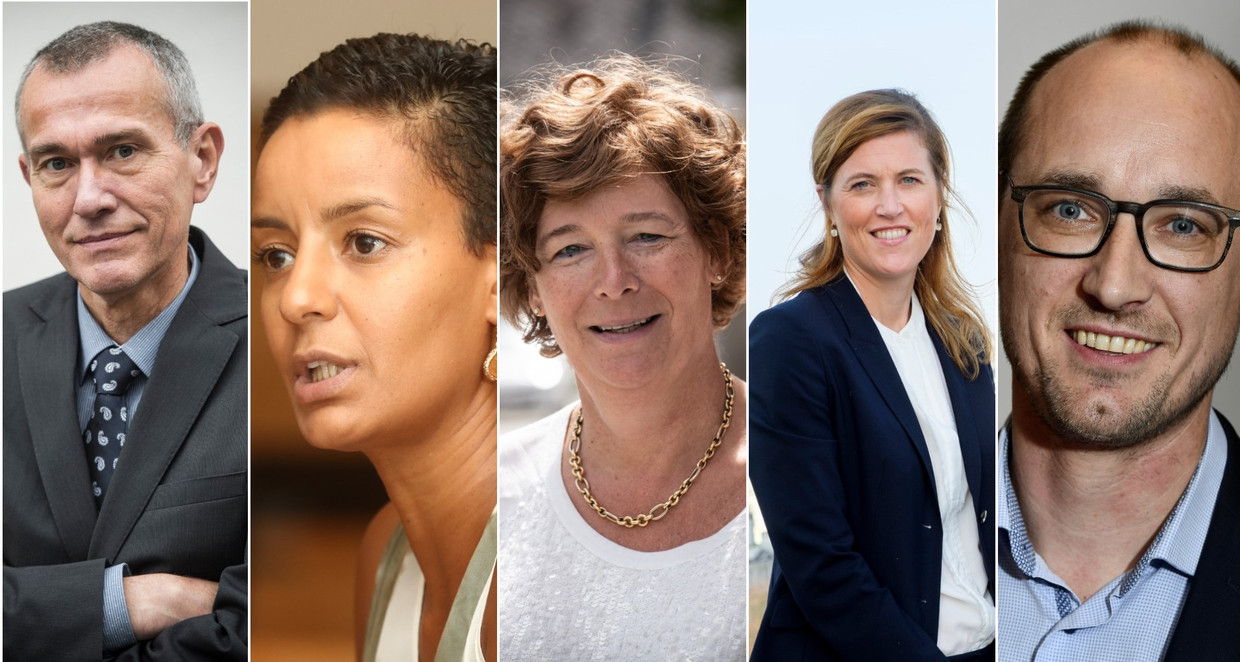 Frank Vandenbroucke (sp.a), Meryame Kitir (sp.a), Petra De Sutter (Groen), Annelies Vanderlinden (CD&V) en Vincent Van Peteghem (CD&V). Beeld BELGA