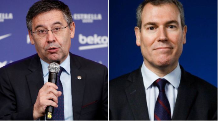 FC Barcelona-voorzitter Josep Maria Bartomeu (links) sleept zijn voormalige vicevoorzitter Emili Rousaud (rechts) voor de rechter.