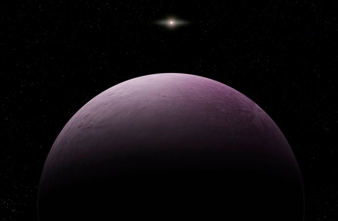 Een artistieke impressie van de rozige dwergplaneet ‘Farout’