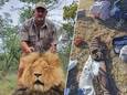 Riaan Naude met een geschoten leeuw. Rechts een beeld van de jachtspullen die in de wagen van de vermoorde man lagen.