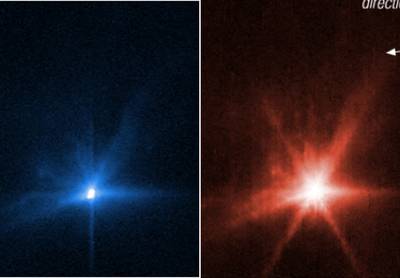 Hubble- en James Webb-telescopen leggen voor het eerst gelijktijdig beelden vast van DART-missie