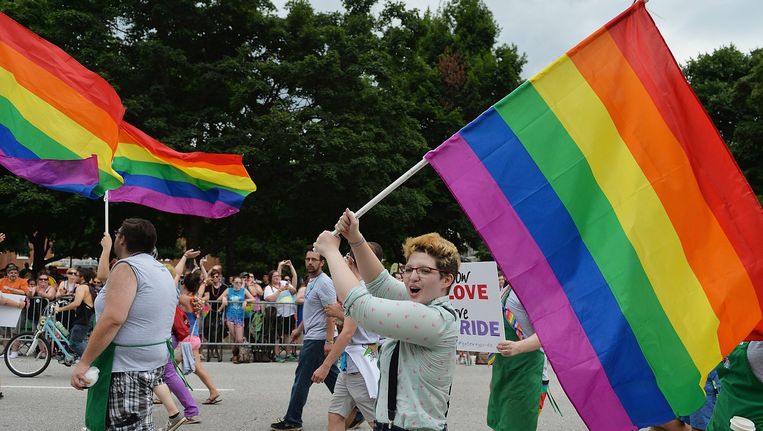 Blijdschap tijdens de PrideFest-parade in Missouri nadat bekend werd dat het homohuwelijk is gelegaliseerd. Beeld afp