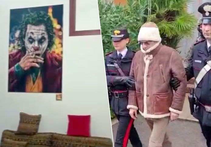 Links: Een poster van de film 'Joker' hing in het appartement van de maffiabaas. Rechts: Matteo Messina Denaro bij zijn arrestatie door de Italiaanse politie.