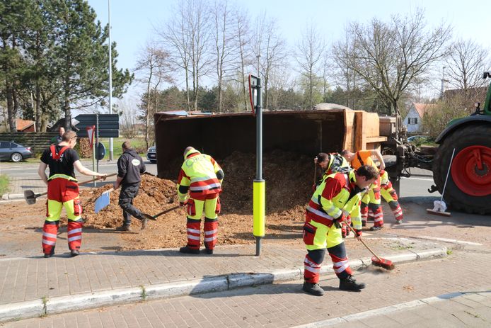 De aanhangwagen kantelde op de rotonde en verloor een lading gedroogde mest.