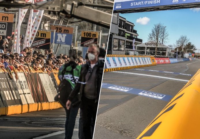Het contrast tussen de editie van vorig jaar (r.) en die van vrijdag kon niet groter zijn. Dikke drommen mensen verdrongen elkaar aan de hekken langs het parcours van de E3 Saxo Bank Classic.