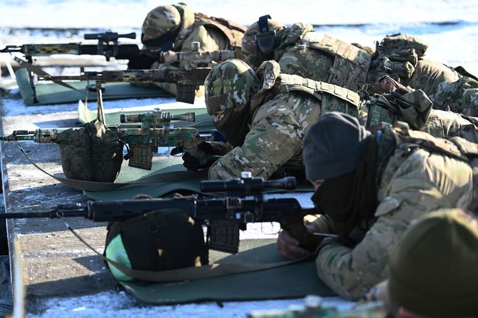 Russische militairen tijdens een training in de regio Roston, in het zuiden van Rusland.