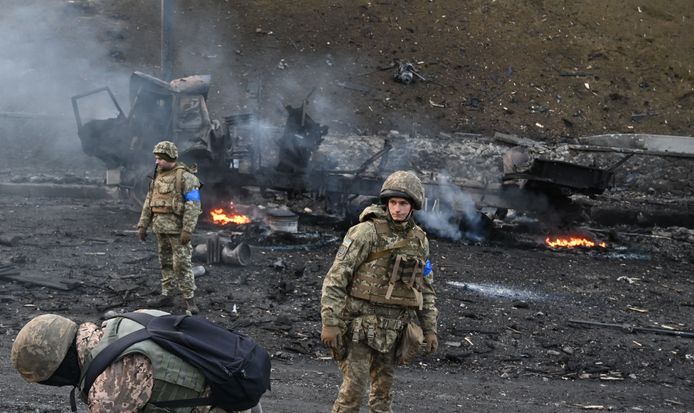 Oekraïense soldaten na gevechten met Russische troepen in Kiev.