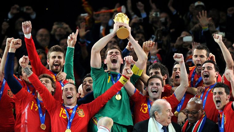 Spanje viert het wereldkampioenschap in Zuid-Afrika in 2010. Beeld AFP