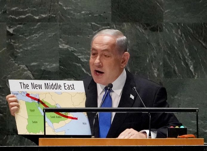 De Israëlische premier Benjamin Netanyahu tijdens de Algemene Vergadering van de Verenigde Naties. (22/09/23)