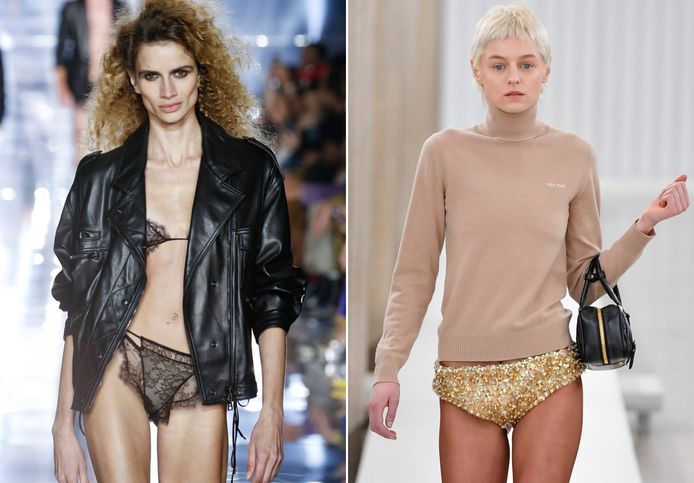 Rechts: Emma Corrin voor Miu Miu tijdens Paris Fashion Week 2023. Links: Tom Ford-lentecollectie 2023.