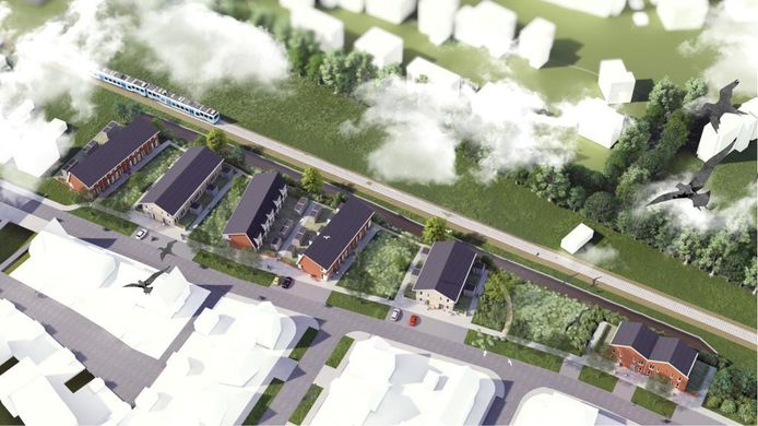 Een impressie van de zes blokken met totaal dertig woningen die komen aan de Asterstraat tegen het spoor in Doetinchem.