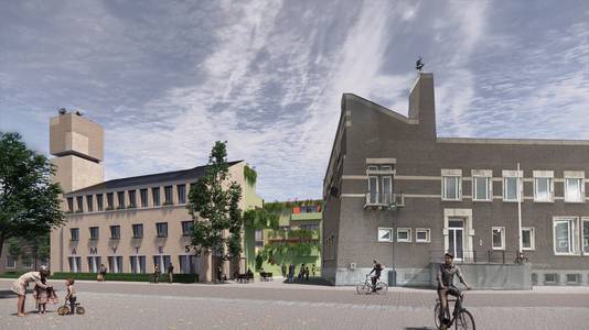 Het toekomstbeeld van het oude gemeentehuis van Schijndel. Het ontwerp voor het nieuwere gedeelte (links) is gebaseerd op De Hangende Tuinen van Babylon.