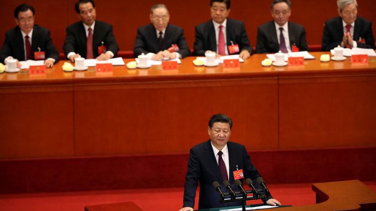 President en leider van de Communistische Partij Xi Jinping tijdens zijn toespraak op 18 oktober. Beeld ap