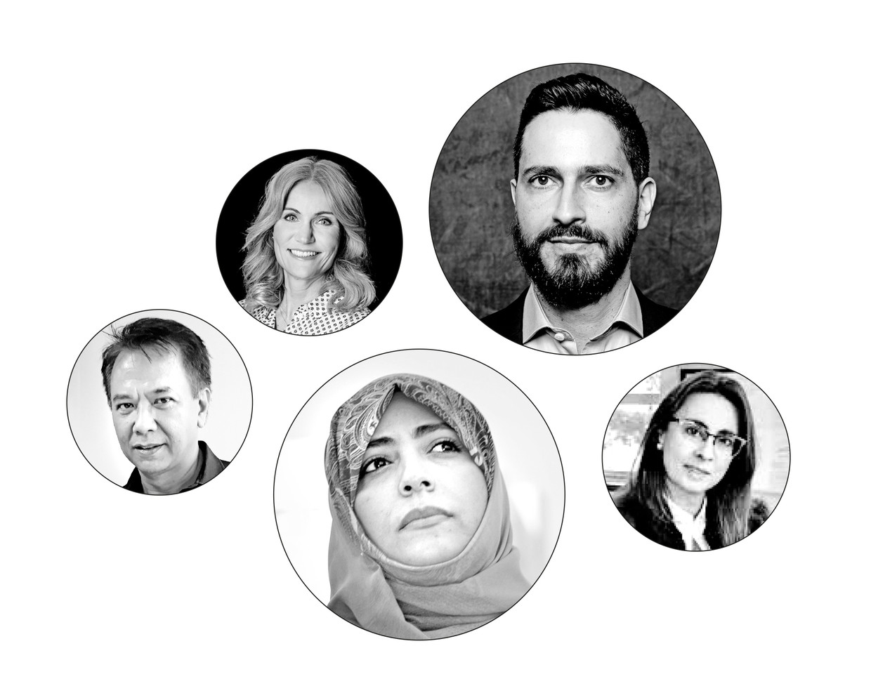 Vijf leden van de Oversight Board, van links af: Endy Bayuni, Helle Thorning-Schmidt, Tawakkol Karman, Ronaldo Lemos en Catalina Botero-Marino. Beeld 