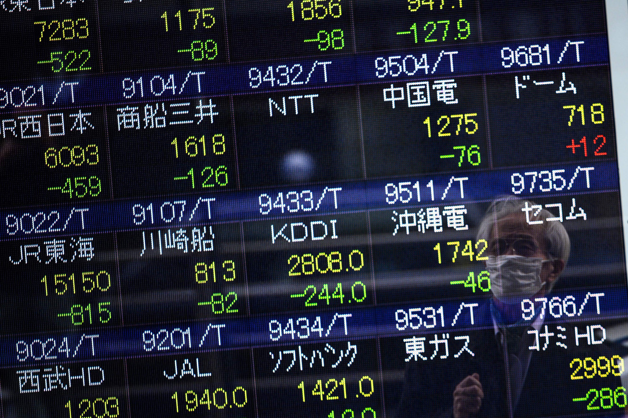Een man bekijkt de cijfers van de beurs in Tokio. Beeld AFP