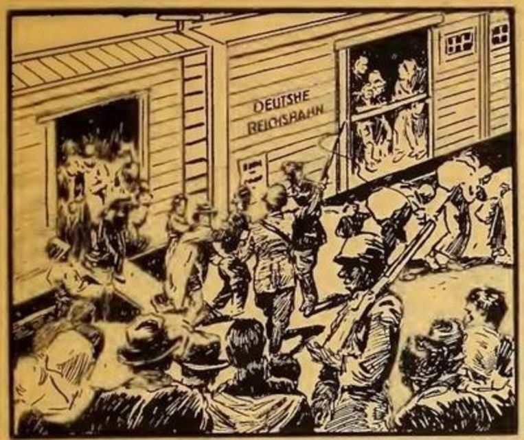 Striptekening van August M. Froehlich in het politieke pamflet 'The bloody record of Nazi atrocities'.

 Beeld Arco Publishing Company NYC 1944-1945