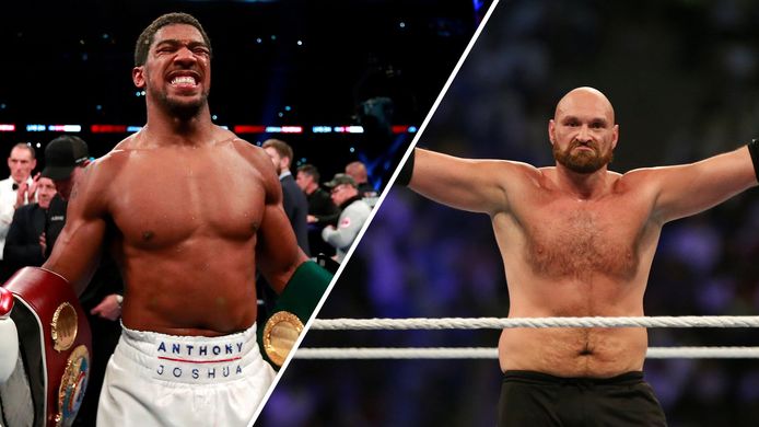 Anthony Joshua l(links) en Tyson Fury (rechts)