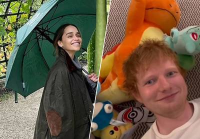 CELEB 24/7. Emilia Clarke gaat wandelen in de regen en Ed Sheeran is een grote fan van Pokémon