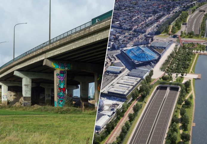 Links: het viaduct van Merksem dat in 2025 tegen de vlakte gaat. Rechts: hoe de omgeving van Schijnpoort en het Sportpaleis er tegen 2030 gaat uitzien.