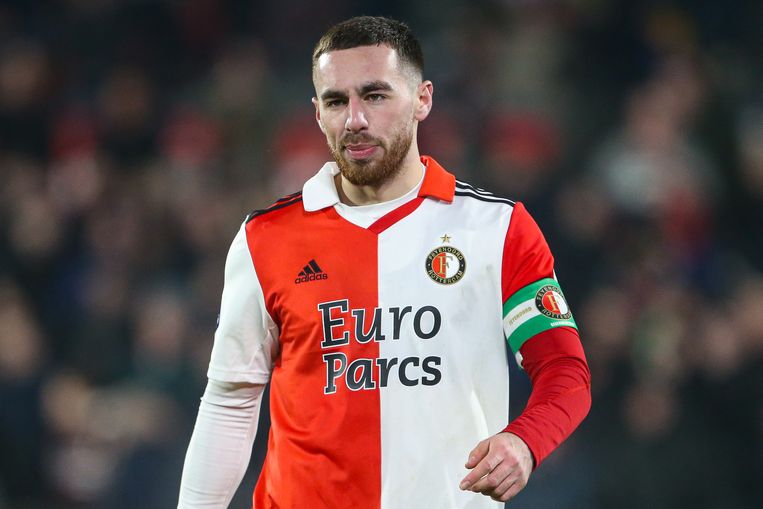 Middenvelder en aanvoerder van Feyenoord Orkun Kökcü. De 22-jarige Haarlemmer wilde naar eigen zeggen “geen uithangbord” zijn van de lhbti-beweging. Beeld Pro Shots / Mischa Keemink