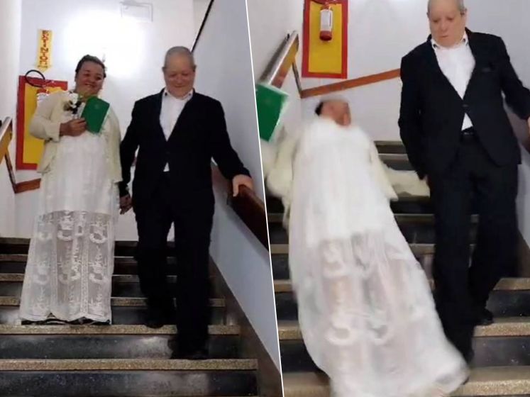 Bruid glijdt uit en valt van trap op grote dag