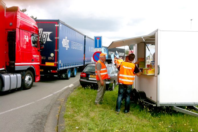 Een protestbijeenkomst van vrachtwagenchauffeurs in 2014 in Dongen.