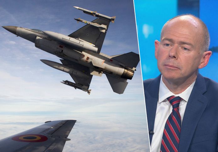 Een Belgisch F16-gevechtsvliegtuig (ons land levert geen vliegtuigen aan Oekraïne) en oud-kolonel Roger Housen in de studio van VTM NIEUWS.