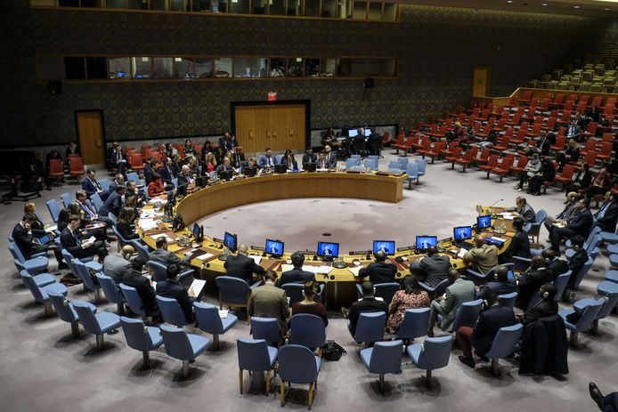 De VN-Veiligheidsraad tijdens een vergadering over Noord-Korea in maart.