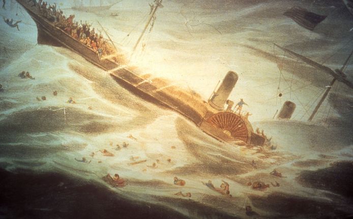 Voorstelling van de SS Central America die aan het zinken is.