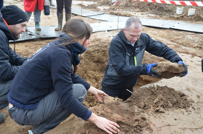 Vlaams minister Matthias Diependaele met de archeologen aan de slag op de site Doorn Noord in Ninove. Hij legde een handmaalsteen uit de tweede eeuw na Christus bloot.