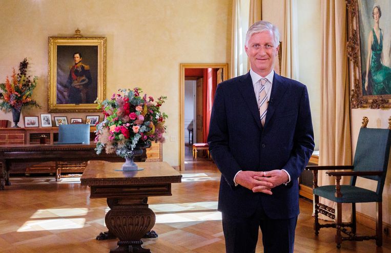 Koning Filip tijdens zijn jaarlijkse toespraak voor de nationale feestdag. Beeld BELGA