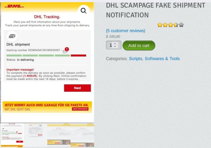 Une fausse page web de DHL, d'apparence réaliste, pour escroquer les gens, proposée à la vente.