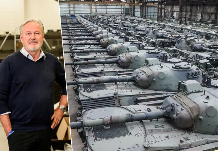 Links Freddy Versluys, rechts de reusachtige hangar in Doornik met o.m. de 50 Leopard-tanks die hij destijds van het Belgisch leger kocht.