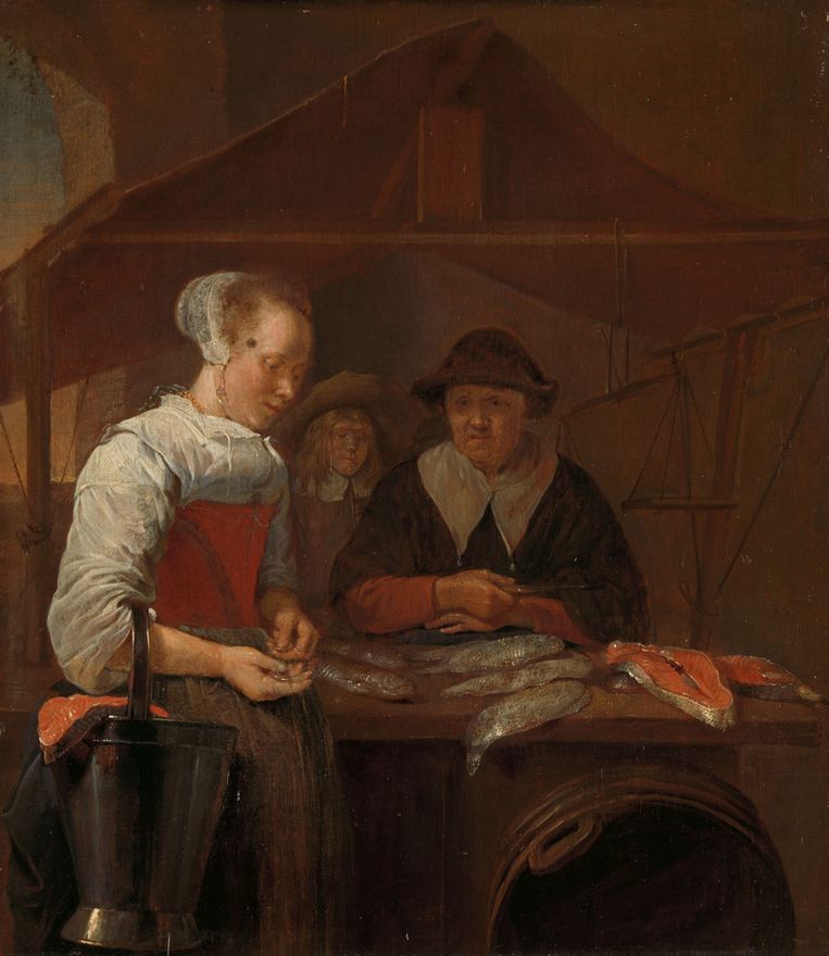 Vanaf de zeventiende eeuw is een zwarte ‘pleister’ te zien op schilderijen, zoals op ‘De visvrouw’ (1660) van Quiringh van Brekelenkam.  Beeld Rijksmuseum