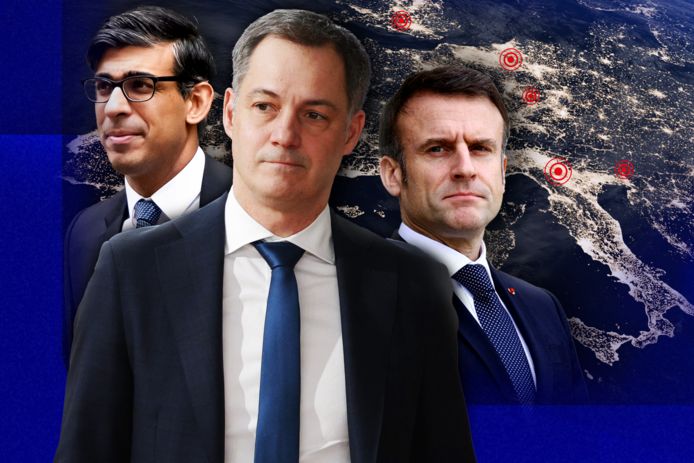 De Britse premier Sunak, Belgische premier De Croo en de Franse president Macron.