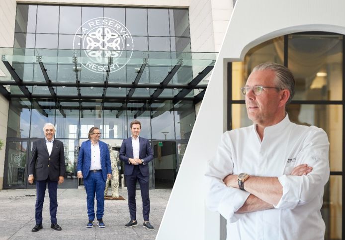 Hotelmanager Eddy Walravens en eigenaars Marc Coucke en Bart Versluys voor het hotel La Réserve in Knokke. Rechts: Driesterrenchef Peter Goossens.