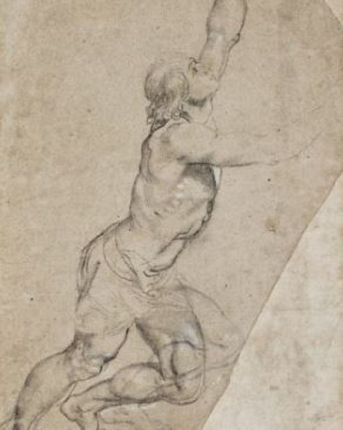 De tekening ‘Naaktstudie van een jongeman met opgeheven armen’ van Peter Paul Rubens.