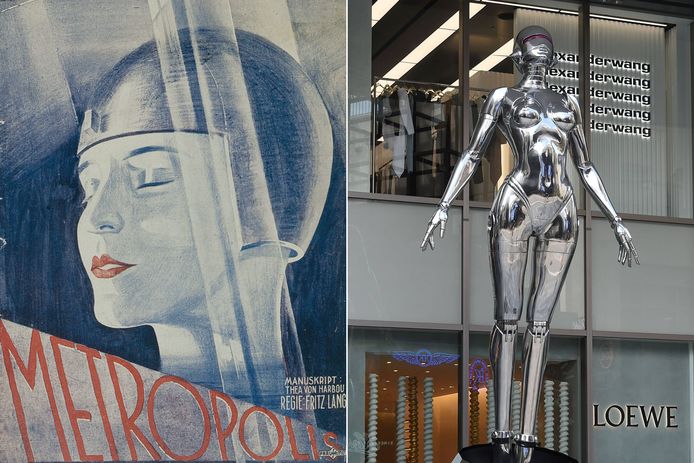 Links: poster film 'Metropolis' van Fritz Lang uit 1927. Rechts: installatie 'sexy robot floating' door illustrator Hajime Sorayama in Tokio, Japan.