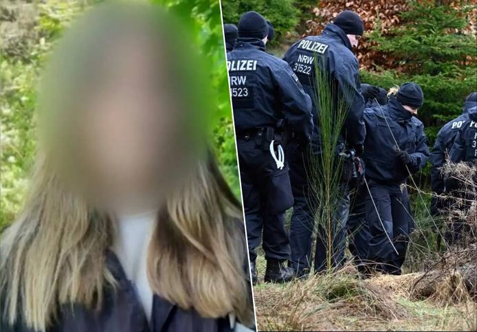 Links: de vermoorde Luise. Rechts: agenten kammen de locatie in het bos uit waar het lichaam gevonden werd.