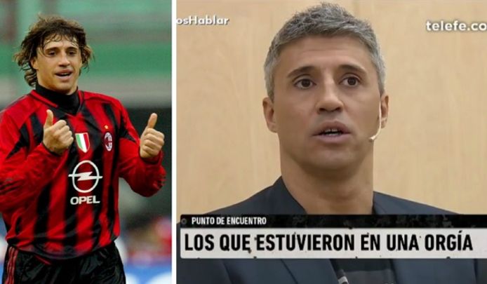 Links: Hernan Crespo als spits bij AC Milan. Rechts: in de tv-show 'El Destape'.