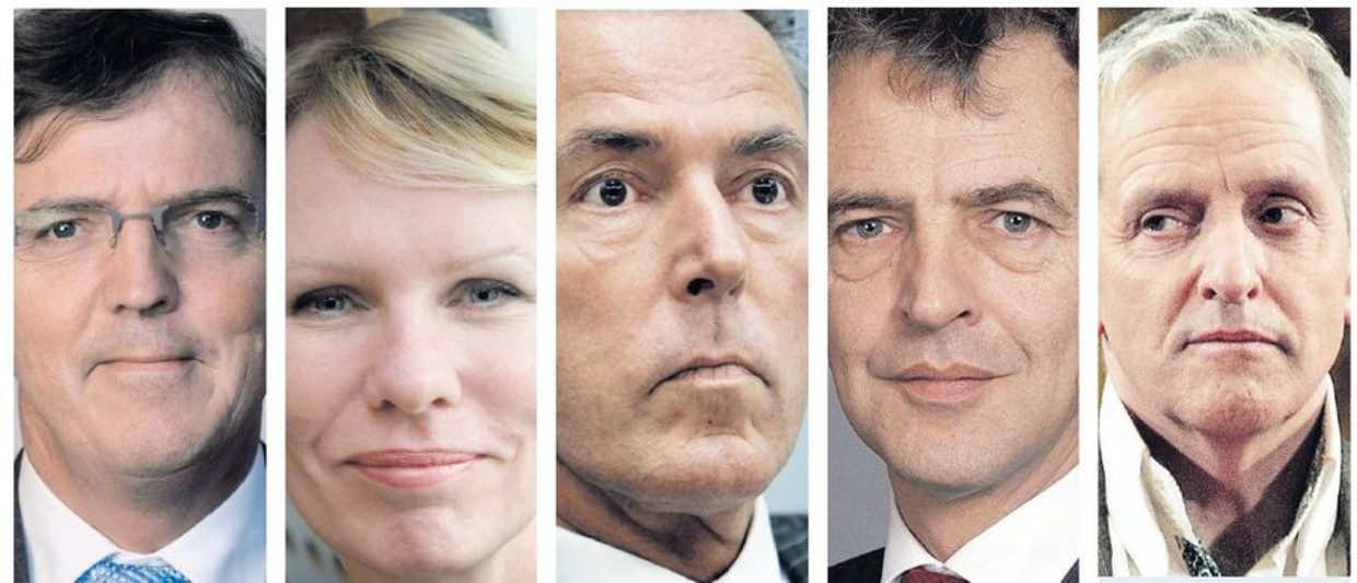 Van links naar rechts: Loek Hermans (VVD), Marleen Barth (PvdA), Elco Brinkman (CDA), Roger van Boxtel (D66), Tof Thissen (Groenlinks). Beeld ANP