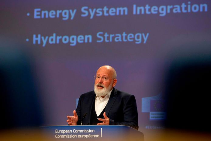 Eurocommissaris Frans Timmermans tijdens de presentatie van de Europese waterstof-strategie op 8 juli in Brussel.
