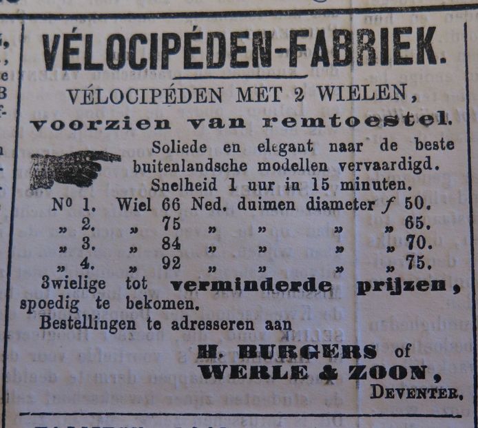 Op 5 maart 1869, precies 150 jaar geleden adverteerde Hendrikus Burgers in de Deventer Courant met de eerste Velocipeden Fabriek te Deventer.