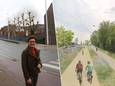 Schepen van Openbare Werken Caroline Maertens (N-VA) aan de Centrumbrug en rechts een visualisatie van het 'brugpark' op dezelfde locatie.
